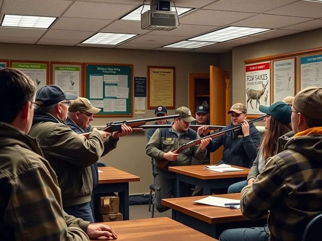A photograph showing a group of ACCA DE MOLEDES members teaching a hunting safety course to new hunters, demonstrating proper firearm handling and ethical hunting practices in a classroom setting.