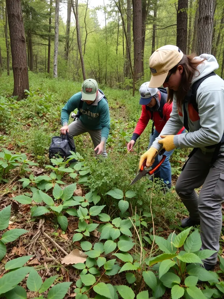 A photograph of ACCA DE MOLEDES members working on controlling invasive species in a local forest, protecting native flora and fauna.