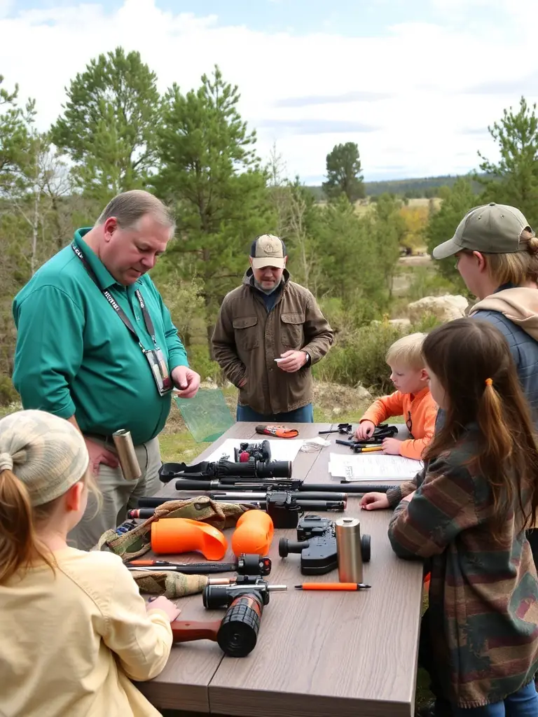 A photograph of ACCA DE MOLEDES members conducting a workshop on responsible hunting practices for local youth, emphasizing safety and conservation.
