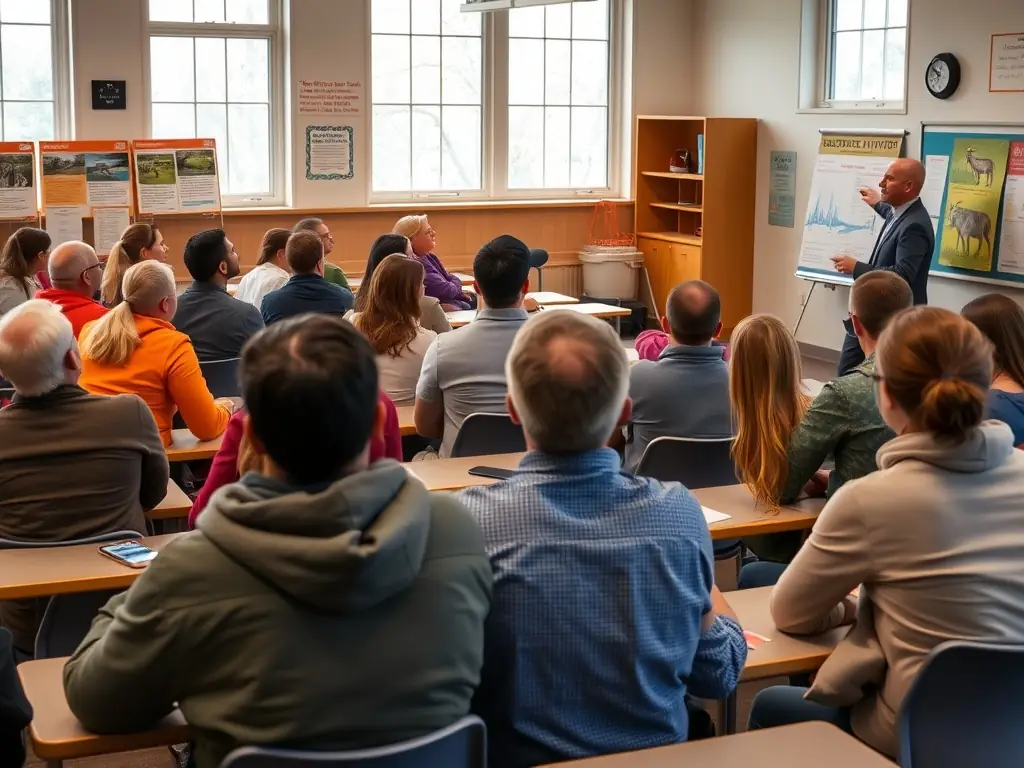 A classroom setting where ACCA DE MOLEDES members are teaching local community members about responsible hunting practices and wildlife conservation.