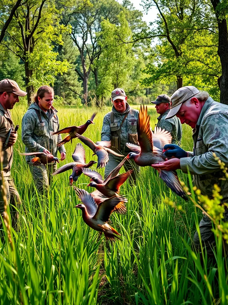 A photograph capturing ACCA DE MOLEDES members releasing pheasants into a managed habitat, showcasing their commitment to game species growth and sustainable hunting practices.