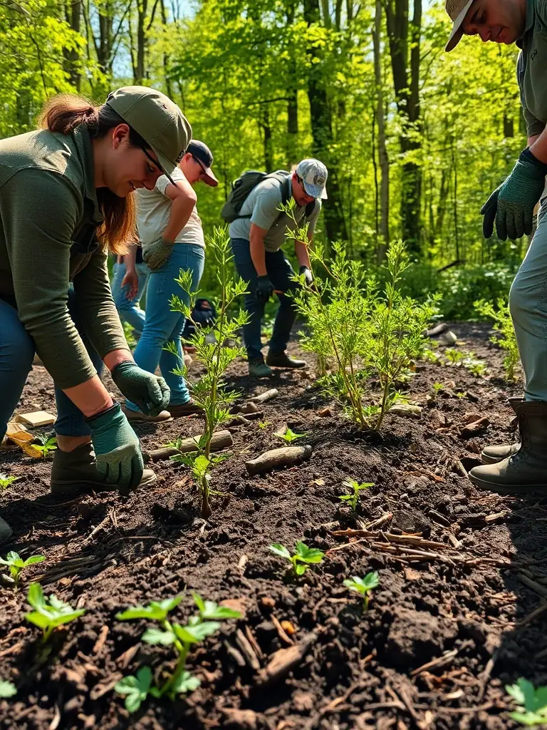 A photograph of ACCA DE MOLEDES members participating in a habitat restoration project, planting native trees and shrubs to improve wildlife habitats.