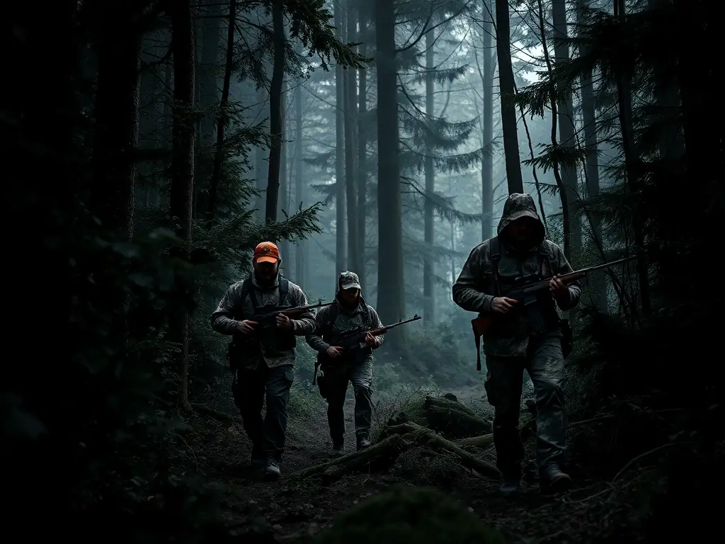 A group of ACCA DE MOLEDES members participating in a regulated hunting activity in the forest, wearing appropriate safety gear and demonstrating responsible hunting practices.
