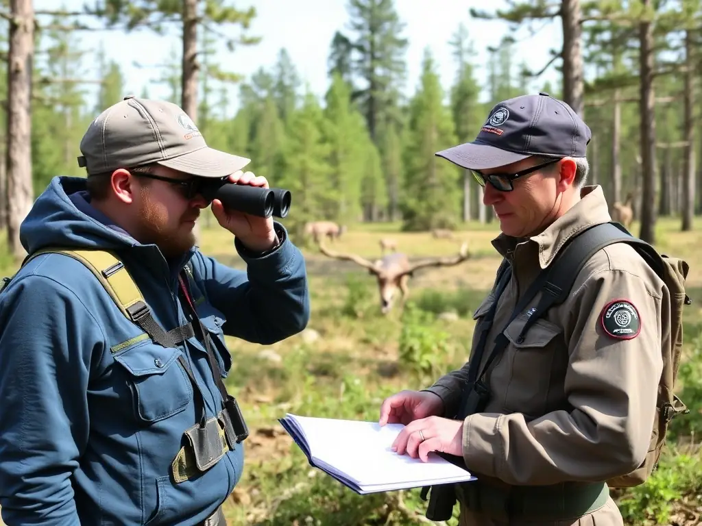 A photograph depicting ACCA DE MOLEDES members conducting a wildlife census in a local forest, using binoculars and GPS devices to track animal populations and gather data for conservation efforts.