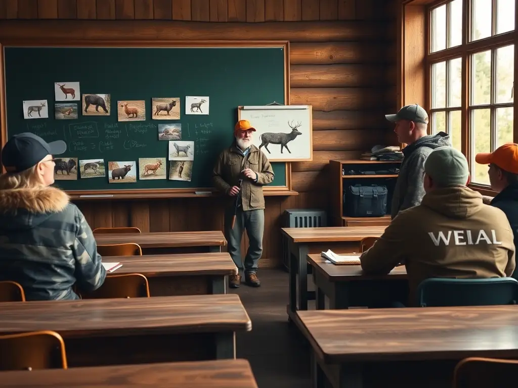 A classroom setting where ACCA DE MOLEDES members are teaching children about wildlife conservation and responsible hunting practices.